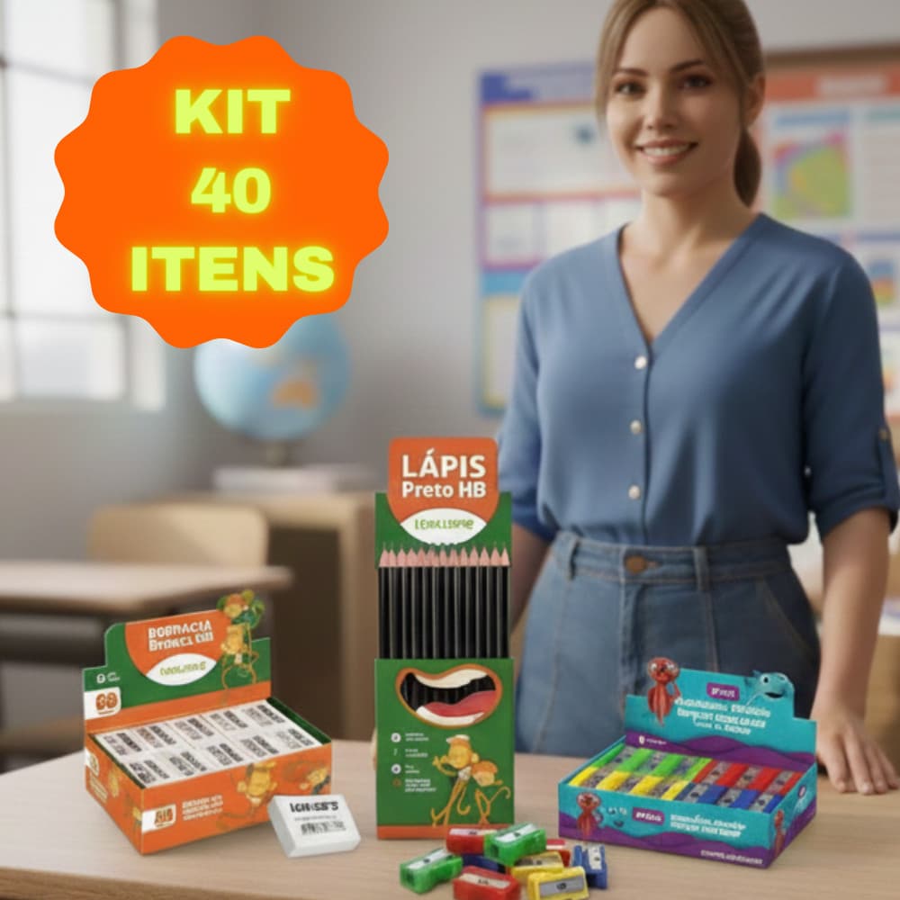 Kit Escolar Completo com 40 Itens: Lápis, Borrachas e Apontadores - Tudo que Você Precisa para o Ano Letivo