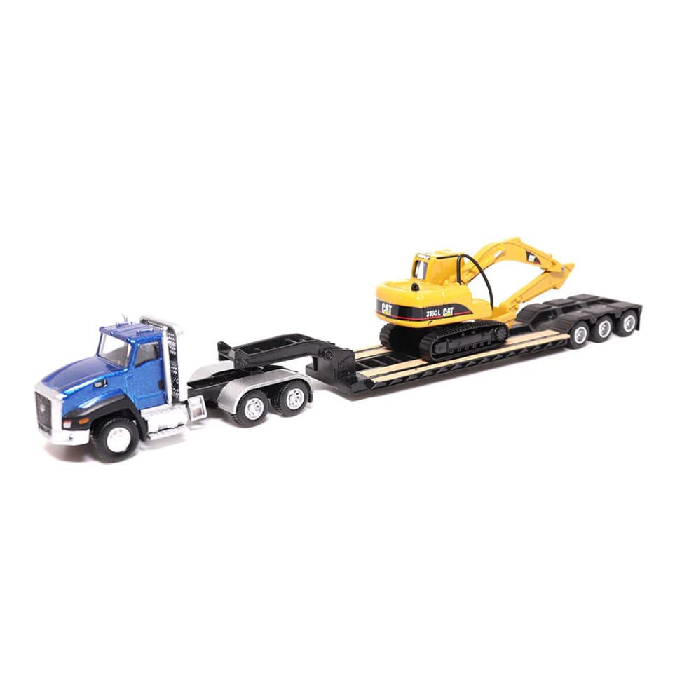 Miniatura Trator Caterpillar CT600 Day Cab com reboque Lowboy e Escavadeira hidráulica Caterpillar 315C L