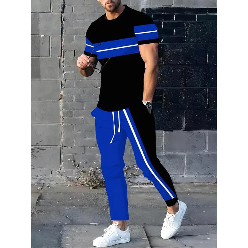 Novo Conjunto de Camiseta e Calças Masculinas de Verão com Listras Impressas, Confortável, Respirável, Gola Redonda, Con