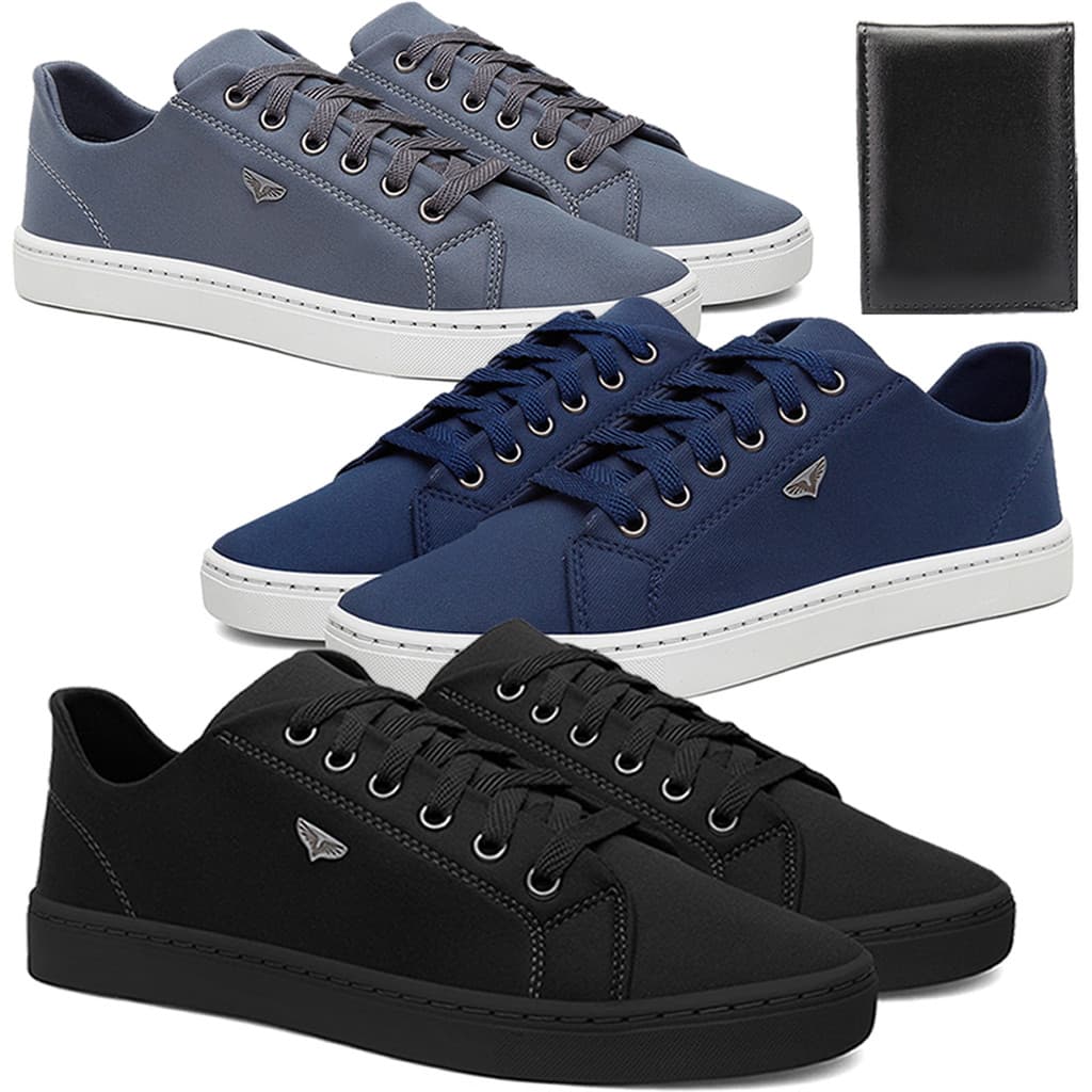 Kit 3 Sapatênis Masculino Casual Confortável Antiderrapante Básico com Carteira