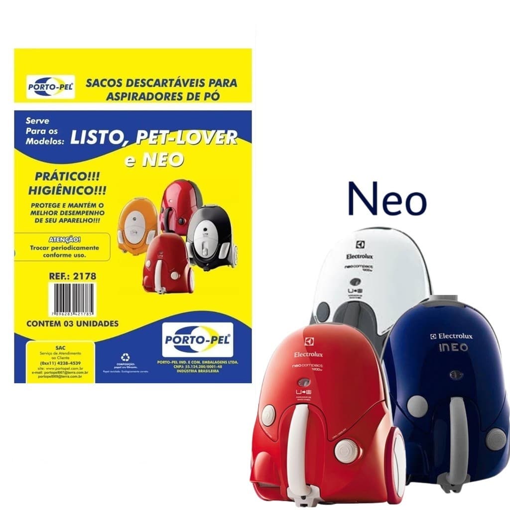 Kit 3 Sacos Descartaveis Aspirador de Pó Electrolux - Neo (2178)