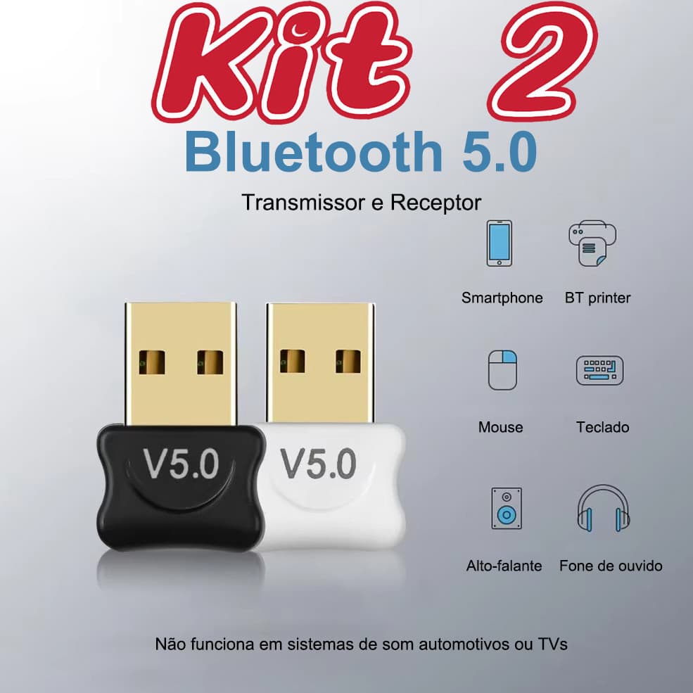 Kit 2 Adaptador Bluetooth 5.0 USB Receptor Transmissor Dongle Sem Fio para PC Áudio Música Som Casa
