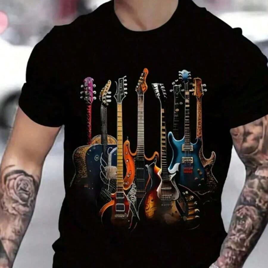 Camiseta Masculina de Gola Redonda Estampada com Guitarras ColoridasEstampa de Guitarras, Camiseta Casual De Manga Curta