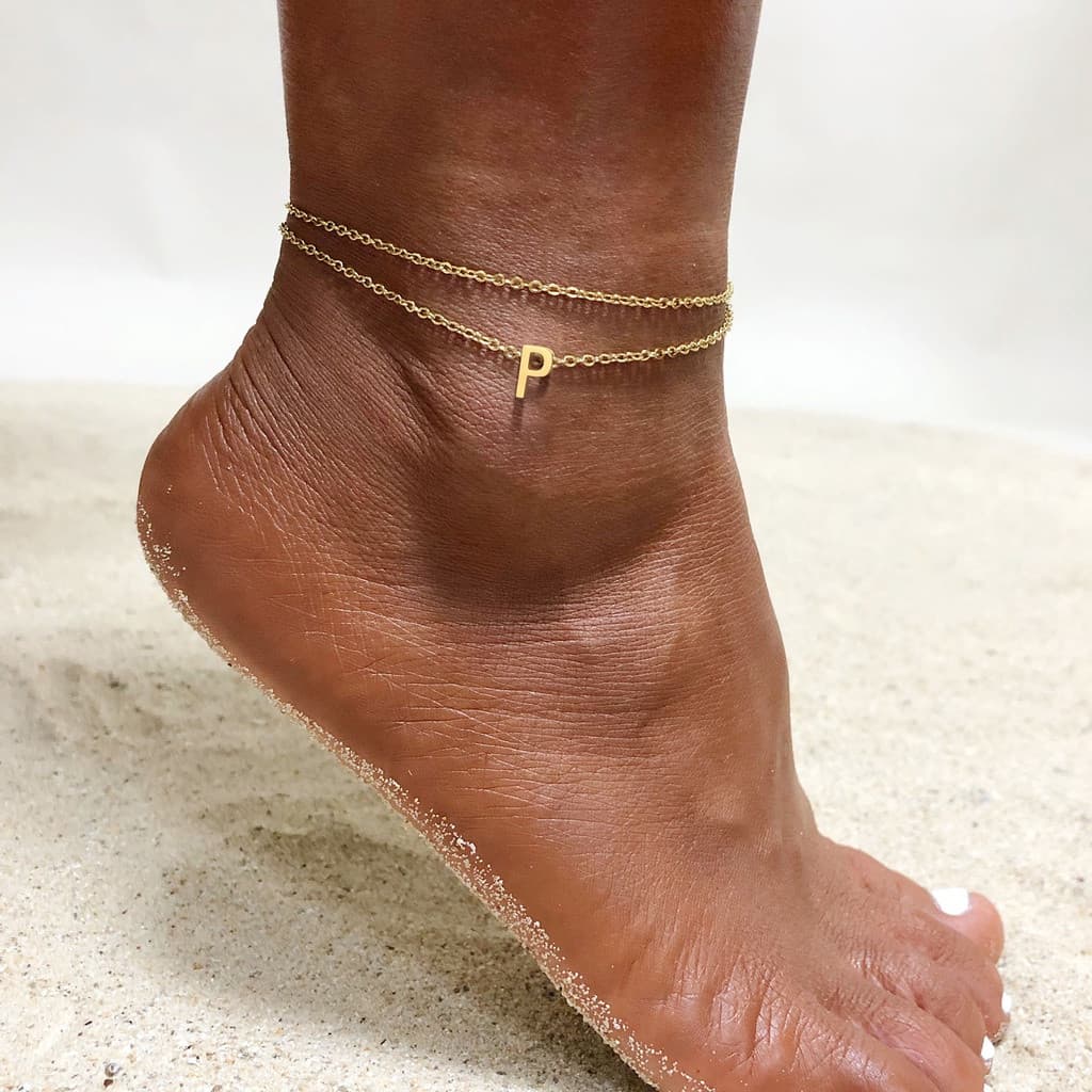 Tornozeleira Vnox banhada a ouro 14K, feita à mão, requintada, com múltiplas camadas e letras, adequada para mulheres, p