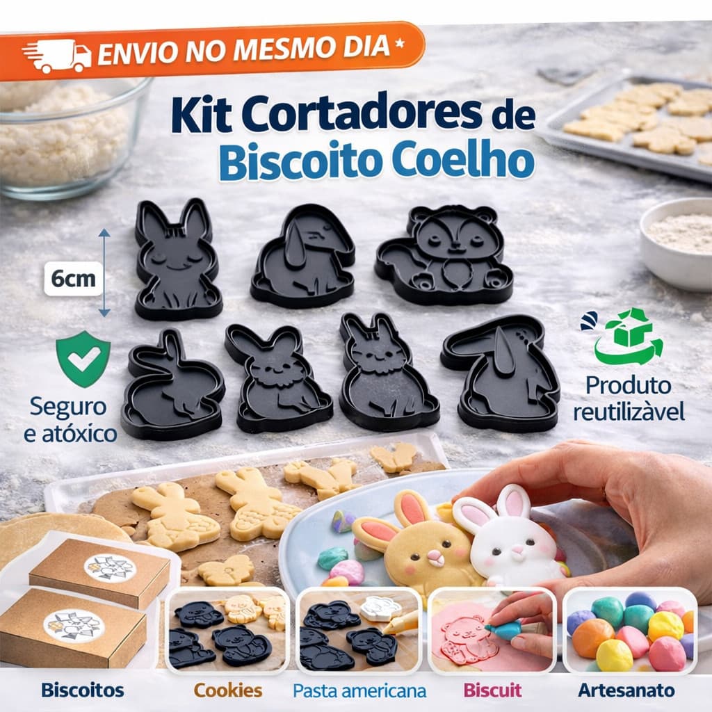 Kit 8 Cortadores de Biscoito Coelho – Moldes para Confeitaria, Biscuit e Decoração de Cookies