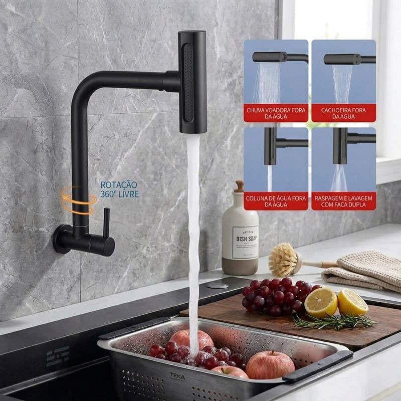 Torneira Cozinha Parede Preta 360° Inox 304 4 Modos Spray Gourmet Preto
