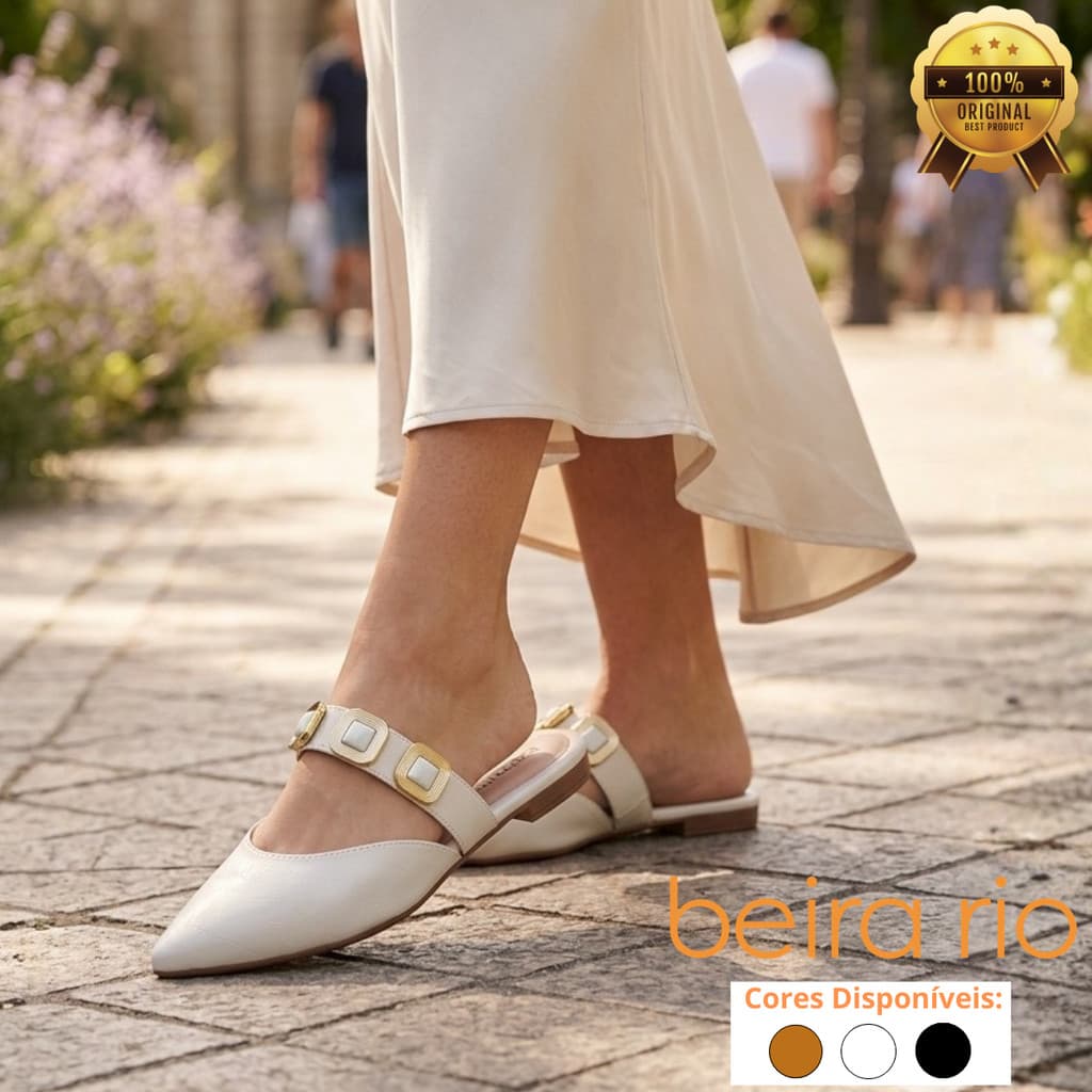 Mule Feminino Beira Rio Bico Fino Confortável Elegante Casual Fivela Dourada Dia a Dia