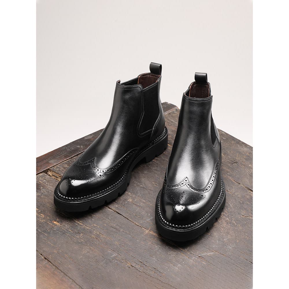 Botas curtas masculinas casuais de couro genuíno, botas britânicas de sola grossa Brock Chelsea Botas masculinas de lã d