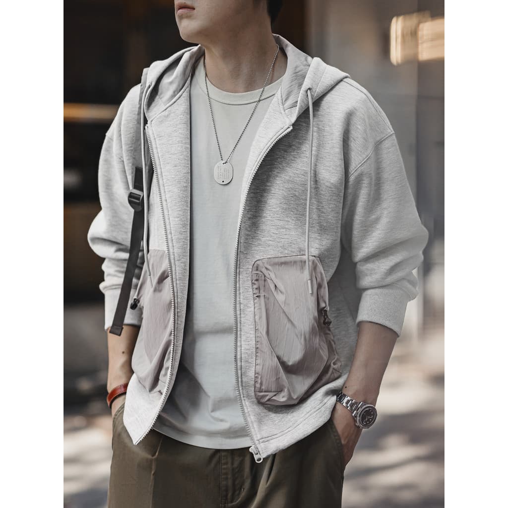 Moderno ferramentas americano Casual camada de ar Cardigan moletom costura bolso esportes zíper jaqueta com capuz mascul