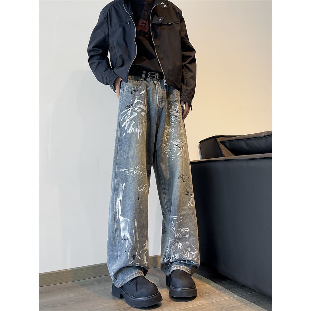 Americano Retro Graffiti impresso Jeans masculino Hip-Hop street Wear rua tendência solta calças de perna larga