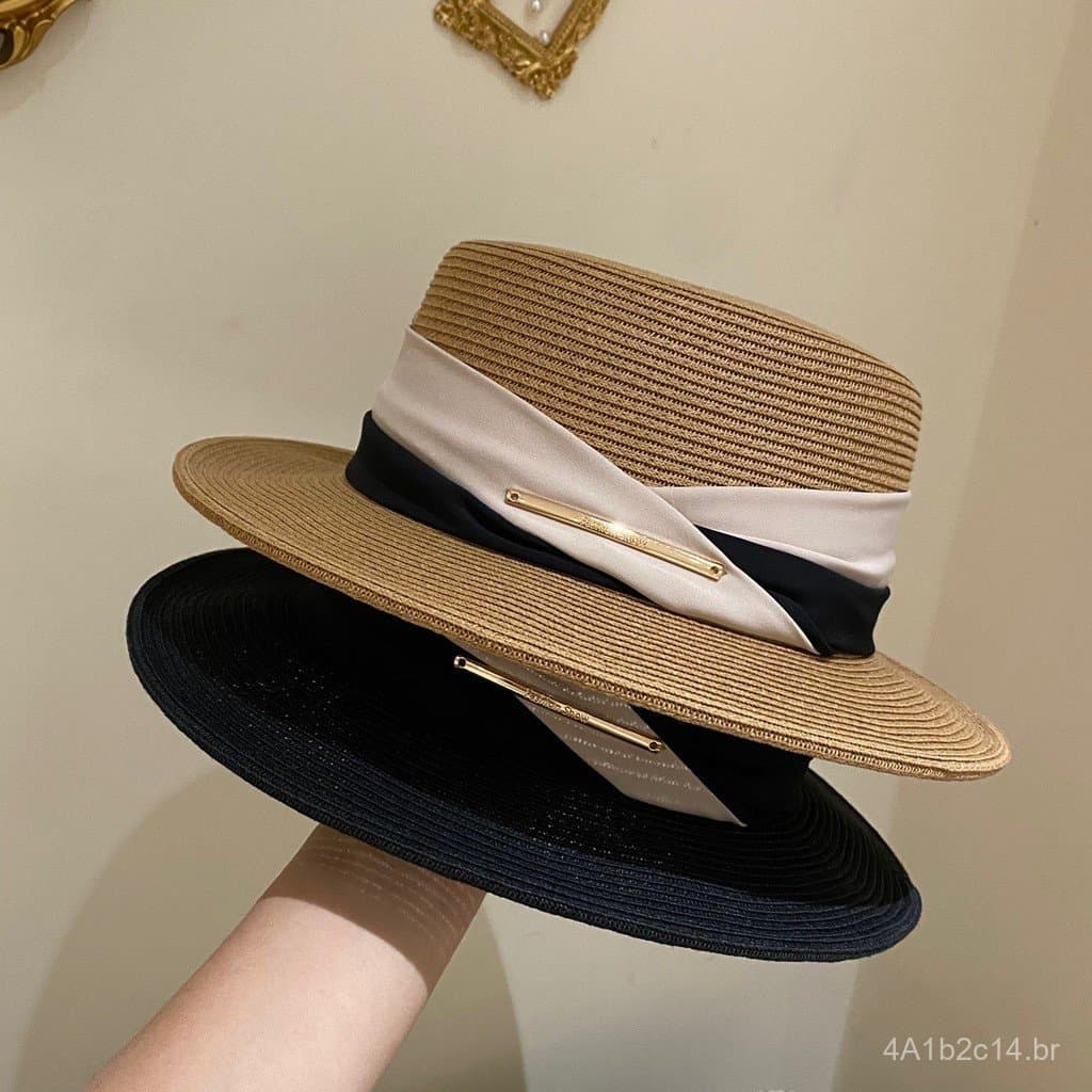 Chapéu de palha de aba reta estilo francês, chapéu Hepburn britânico, chapéu de palha feminino para praia no verão, chap