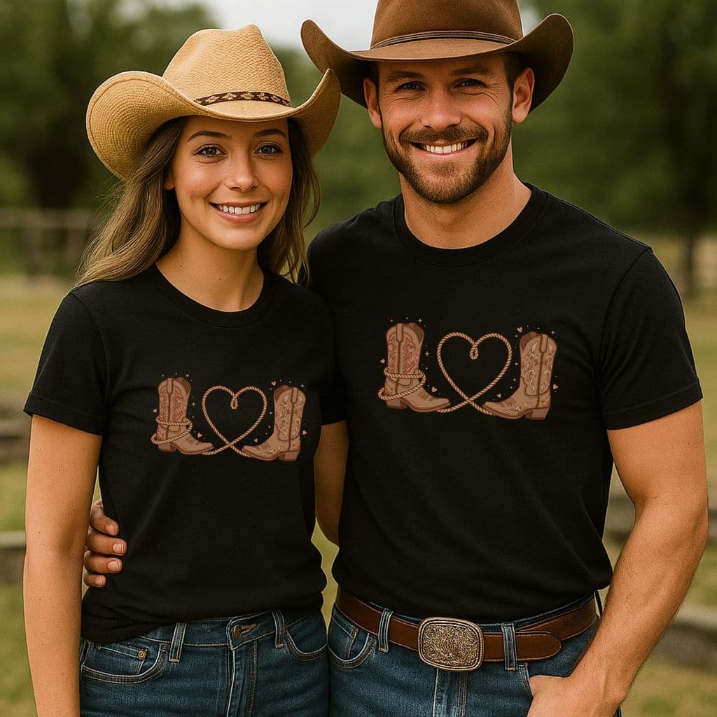 Kit 2 camisetas casal country cowgirl e cowboy namorados presente laçada bota