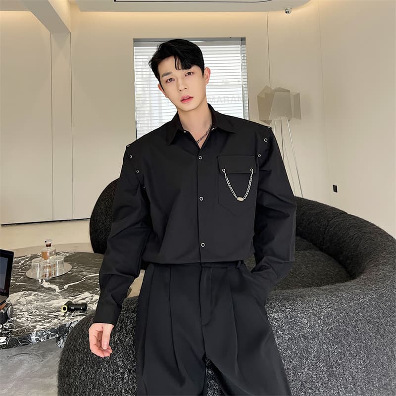 Nicho High-End Metal pendurado corrente Design camisa de manga comprida masculino rufião bonito motocicleta Street Wear