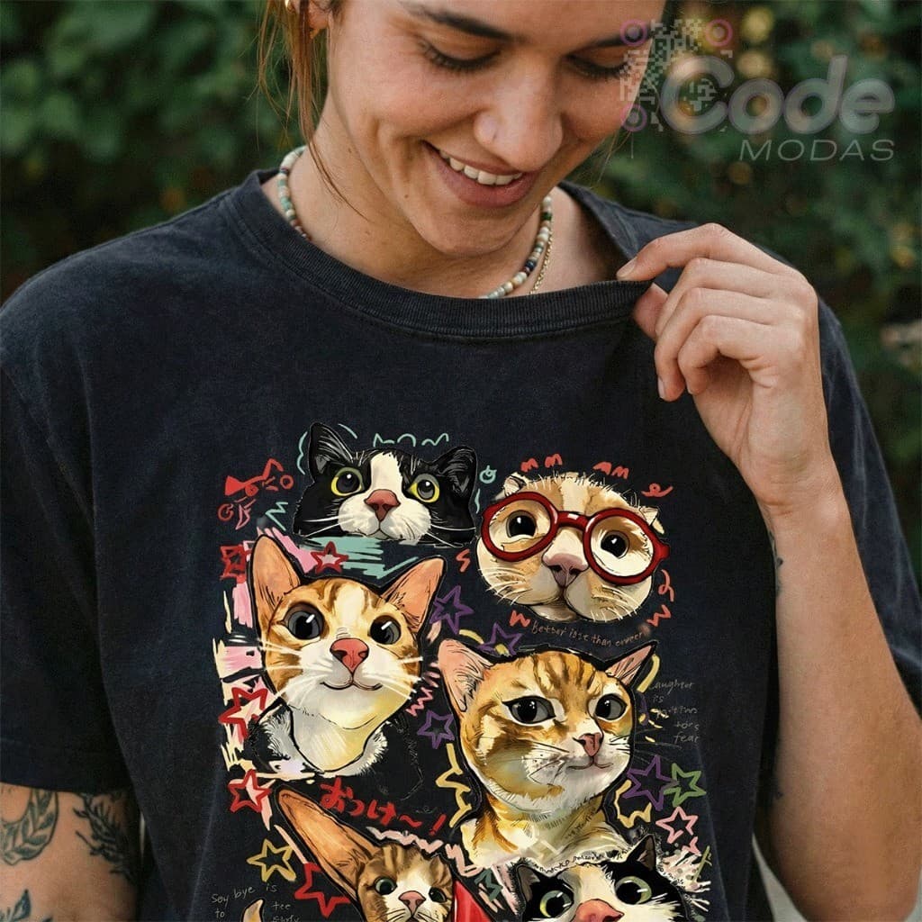 Camiseta Feminina Meow Cat Gatos T-Shirt Hippie 100% Algodão Premium