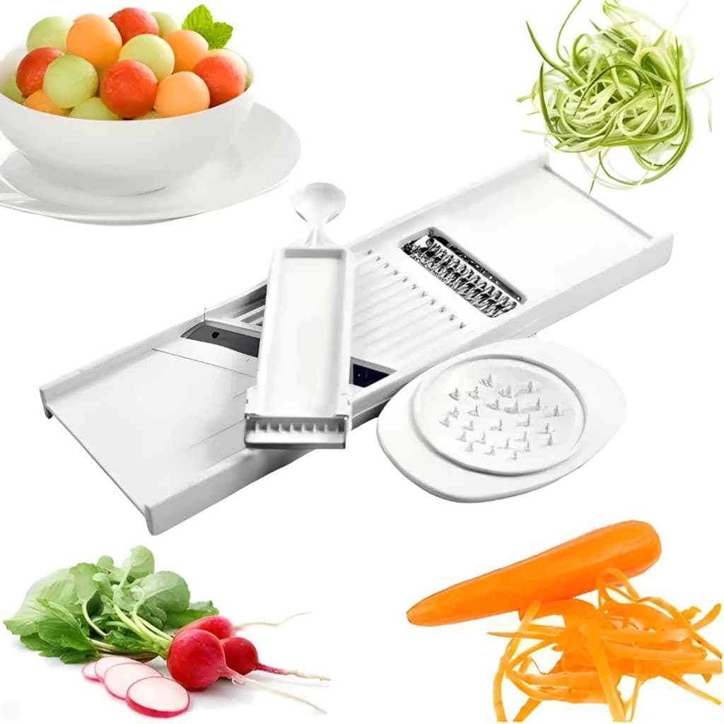 Ralador Mandolin Fatiador de Legumes 4EM1 Dupla Face Cortador Descascador Boleador Aço Inox Plástico
