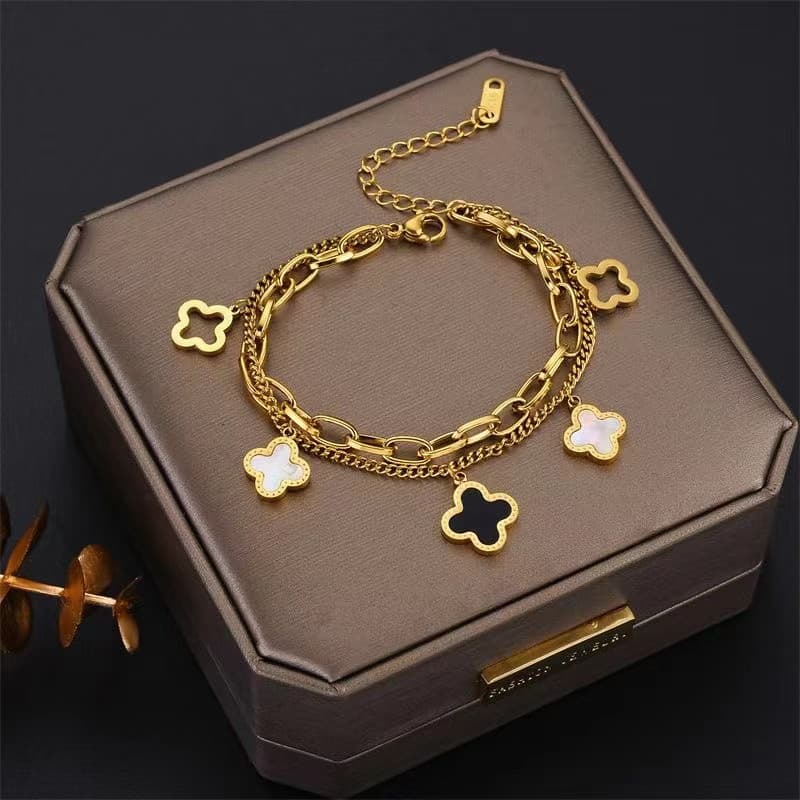 Ht Versão coreana Black White Shell Dupla Face de Quatro Folhas Clover Titanium Steel Bracelete de Dupla Camada de Aço I
