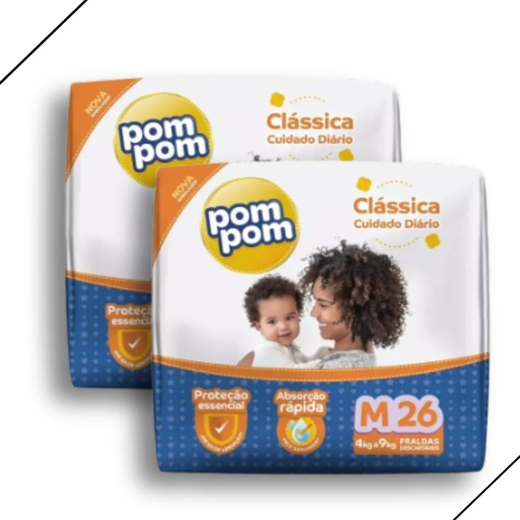 Kit 2 Fralda Descartável Pom Pom Clássica Tamanho M Pacote Jumbo - Total 52 Unidades