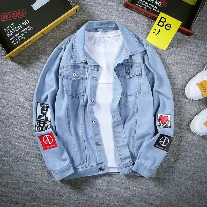 Primavera outono jaqueta jeans masculina versão coreana fino ajuste bonito All-match jaqueta jeans de cor clara meninos