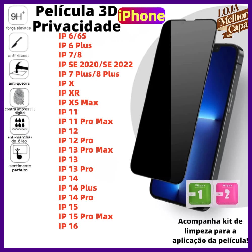 Película Para iPhone 17 16 15 14 13 12 11 X XS XR 7 8 6 6S SE Pro Max Plus 2020 2022 Protetor Privacidade Anti Spy FKM