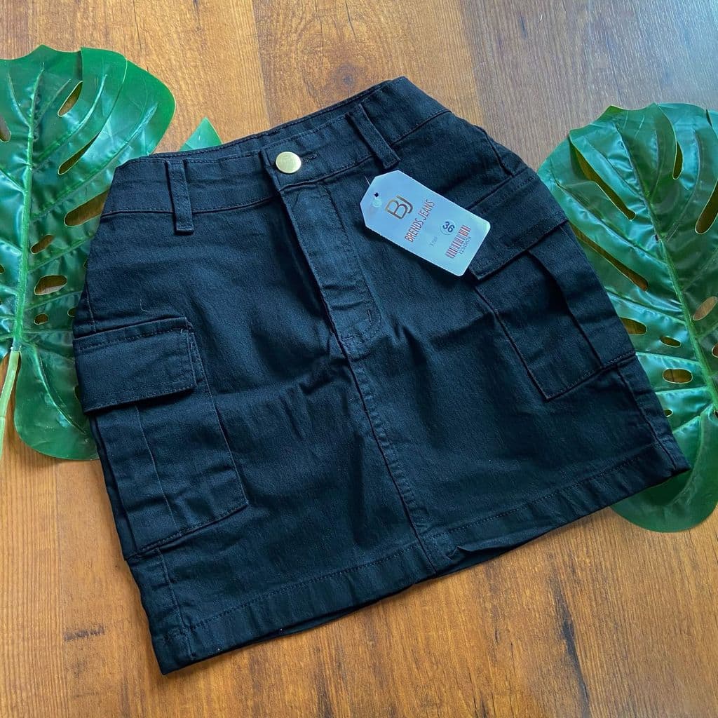 Saia jeans preto feminino cargo 36 a 46 cintura alta com lycra