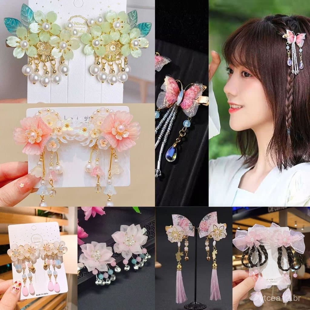 Acessório de cabelo Hanfu infantil, grampo de cabelo, pingente, presilha de cabelo estilo antigo com flor dupla, acessór
