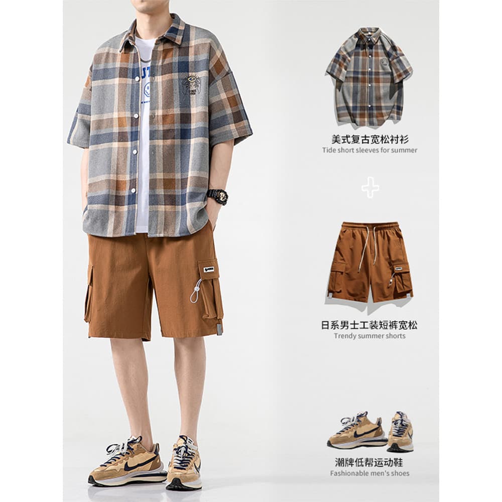 P xadrez camisa de manga curta masculina verão estilo fino Puffer bonito americano Retro terno estilo japonês Street Wea