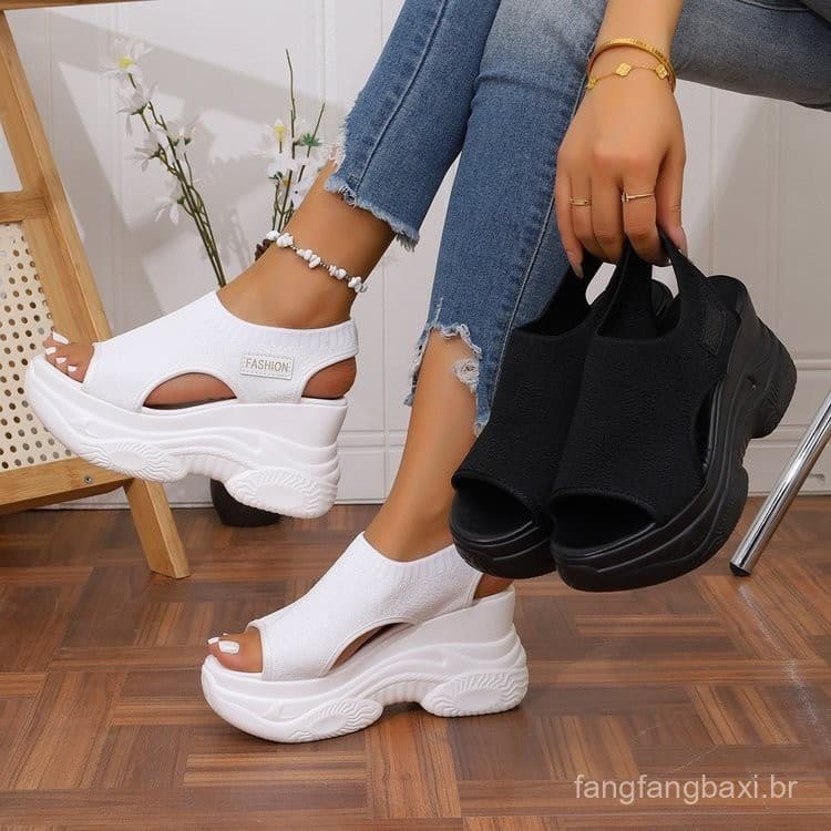 Sapatos de Verão Populares, Novo Estilo, Bico de Peixe, Malha, Sola Plataforma, Salto Alto, Salto Anabela 8425