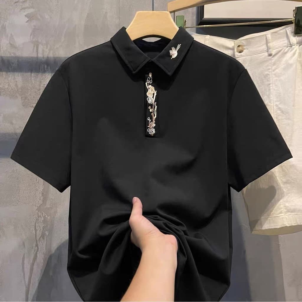 P camisa POLO masculina de manga curta comércio exterior bordado lapela magro-ajuste versão coreana na moda H