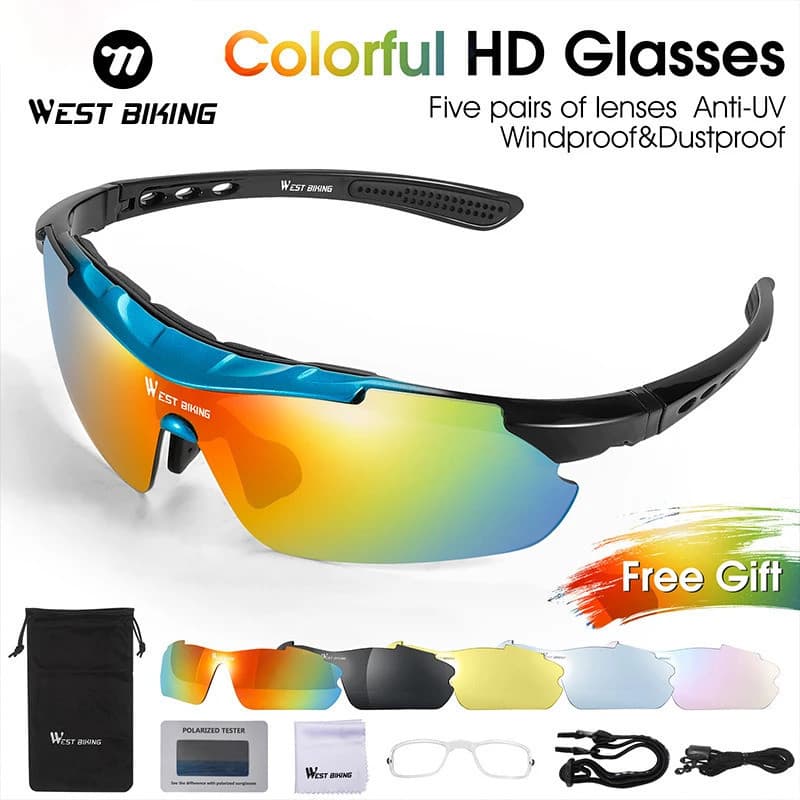 Óculos de Ciclismo WEST BIKING, Óculos Polarizados com 5 Lentes, Óculos de Sol para Ciclismo ao Ar Livre, MTB, Bicicleta