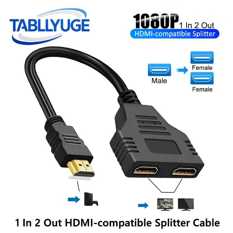 Cabo divisor compatível com HDMI, 1 entrada e 2 saídas, 1080p, portas duplas, cabo compatível com HDMI, adaptador diviso