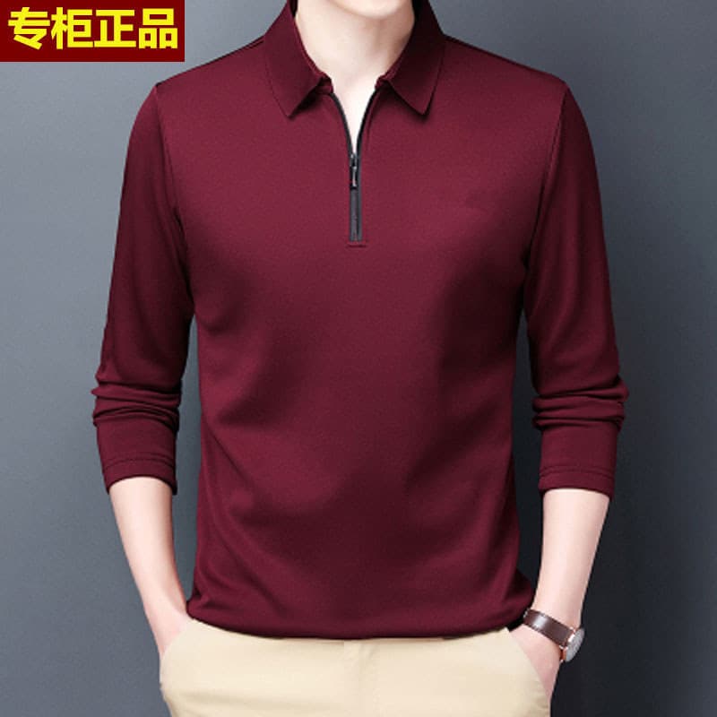 Camiseta masculina de manga comprida de seda gelo de meia-idade 2025 novo estilo meio zíper Casual algodão puro primaver