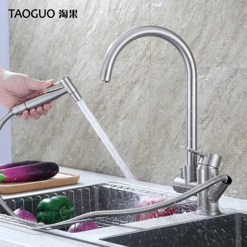 Taoguo torneira removível de aço inoxidável, quente e fria, lavatório de cozinha, retrátil, rotativa, torneira para pia