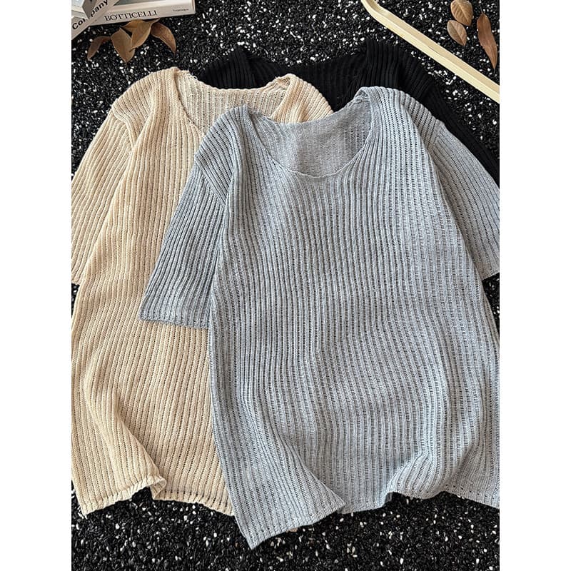 Listrado oco malha de manga curta camiseta masculina verão Street Wear solto meia manga camiseta casal americano Sunscre