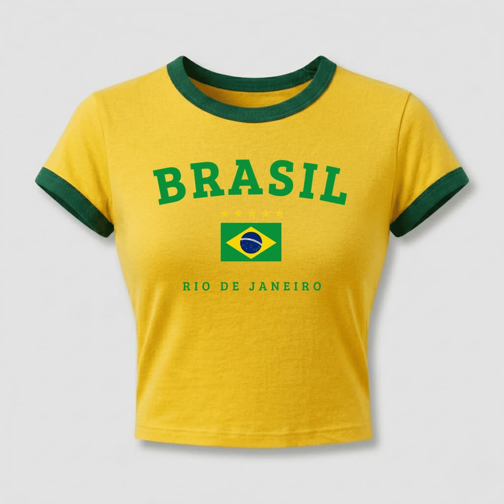 Blusa Feminina Copa Do Mundo Brasil Baby Tee Slim Fit Estilosa Manga Curta Malha Algodão Blogueira