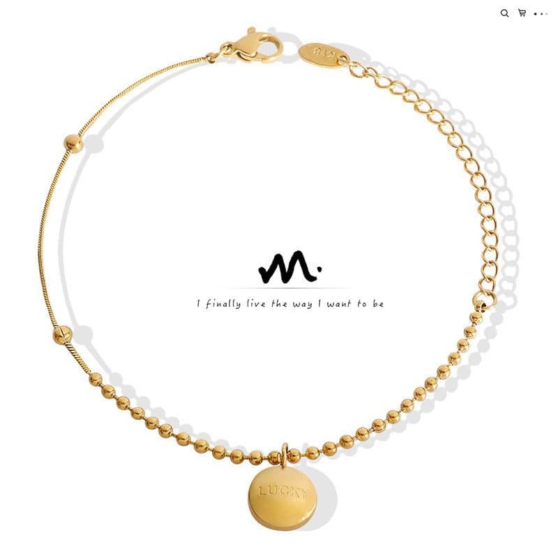 Pulseira com pingente redondo gravado com letras, estilo coreano, design exclusivo, combinação de contas em aço titânio