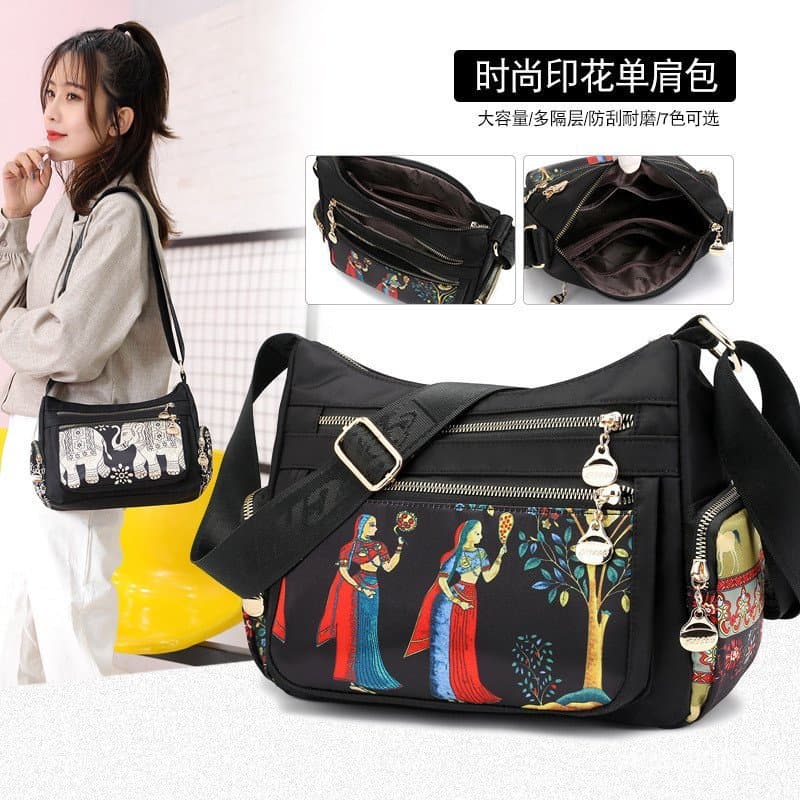 Bolsa feminina de nylon estilo étnico Chi Bao, modelo novo de 2021, bolsa transversal de ombro com estampa Baigou, bolsa