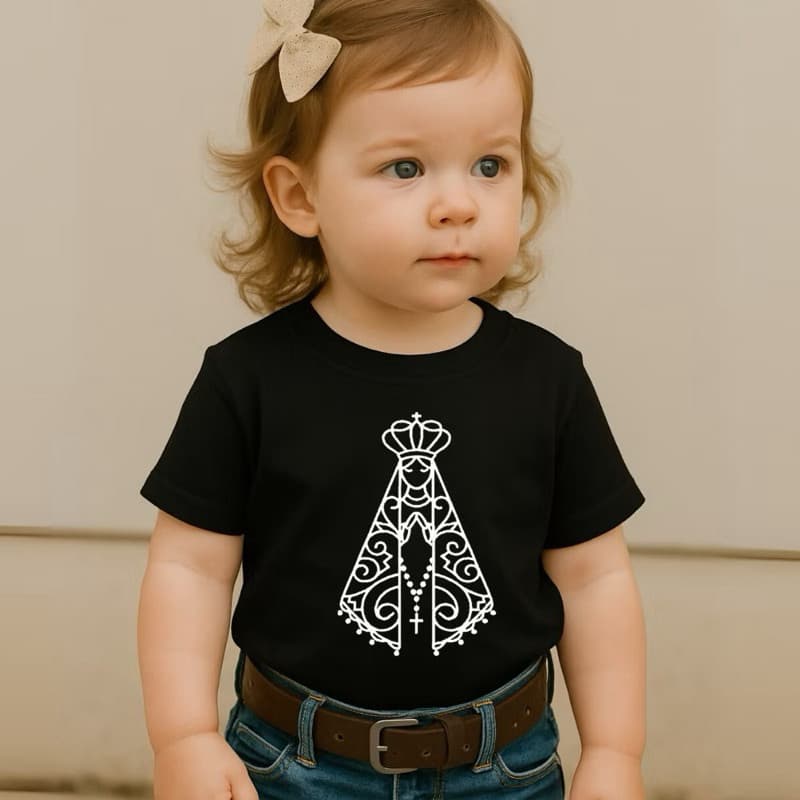 Camiseta Infantil Estampa Nossa Senhora Aparecida Camisetinha 100% Algodão Gola Redonda Crianças