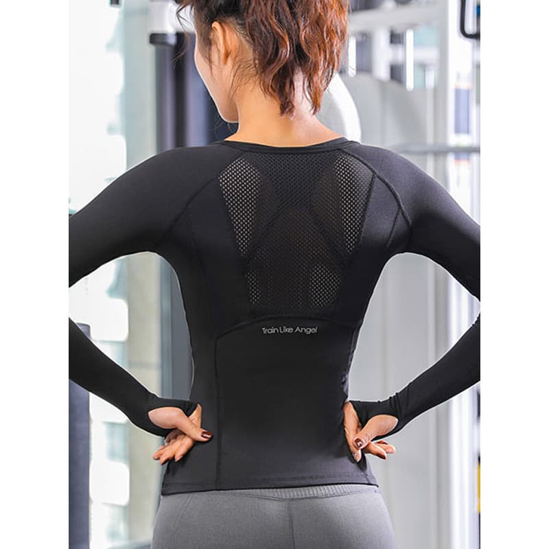 Roupas de ioga de manga comprida justas para mulheres lindas costura de malha traseira respirável absorvente de umidade