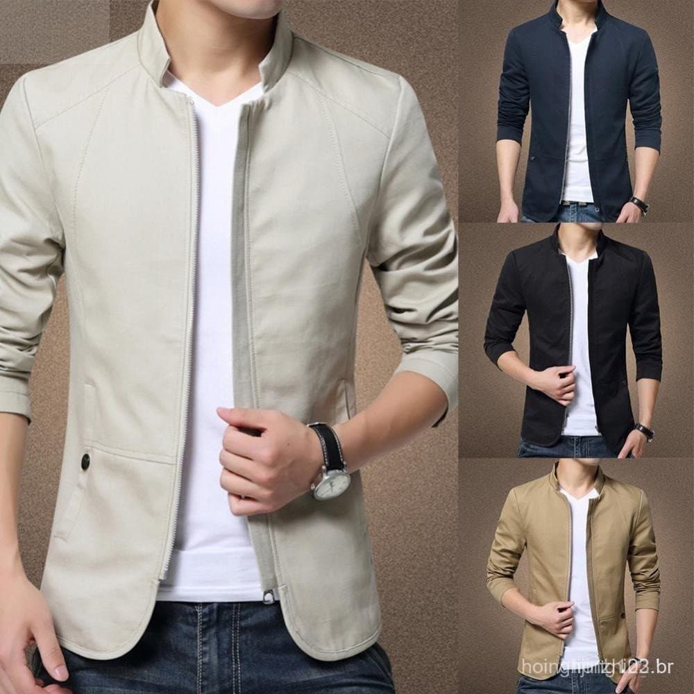 Blazer Casual Masculino com Gola, Jaqueta, Ajuste Slim, Negócios, Formal, com Zíper