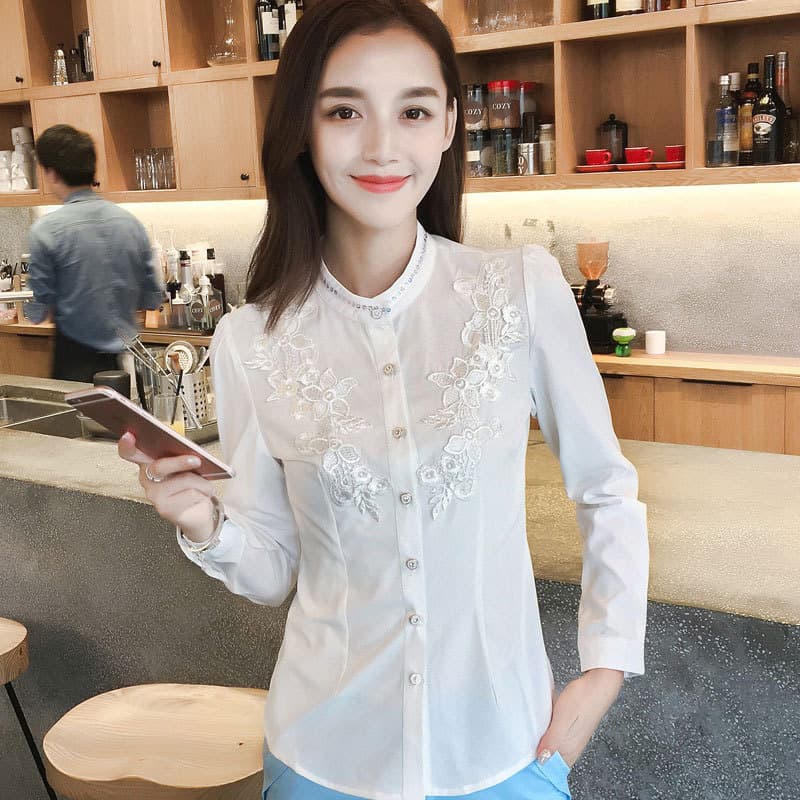 Gola alta novo estilo camisa de manga comprida feminina outono literário fino-ajuste All-Match Chiffon camisa branca
