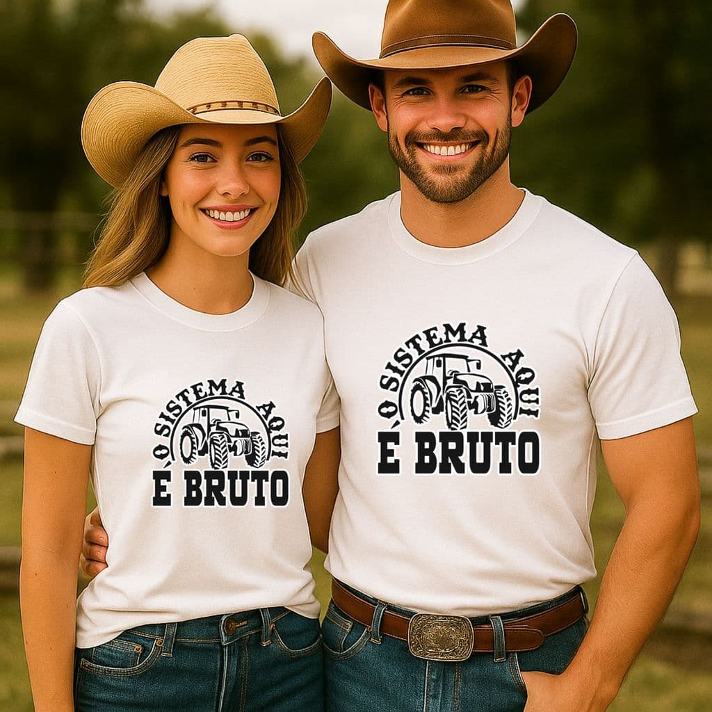 Kit 2 camisetas casal "aqui o sistema é bruto" country cowgirl cowboy boiadeira peão rodeio namorados presente