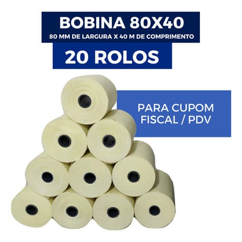 20 Rolos Bobina Térmica 80x40mts Pdv Cupom Termossensível