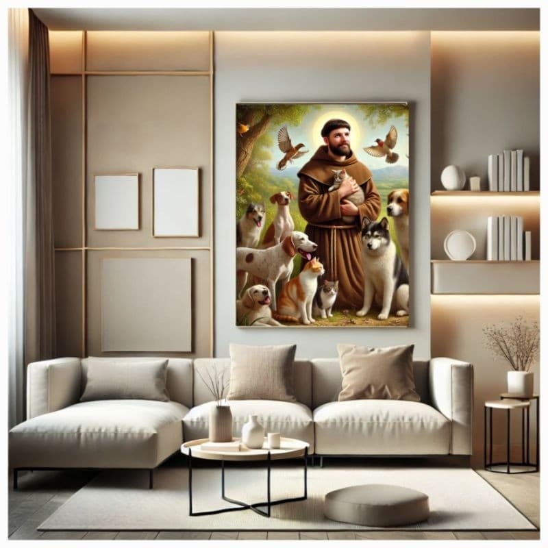Quadro decorativo São Francisco de Assis Cachorro gato pássaro sala cozinha escritório