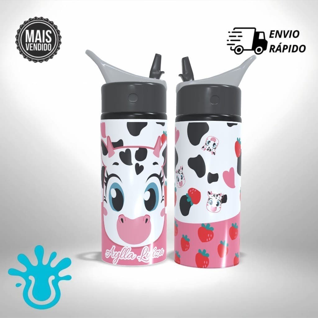 Garrafa Squeeze Vaca Vaquinha Fofa Com Nome Infantil Escolar Presente