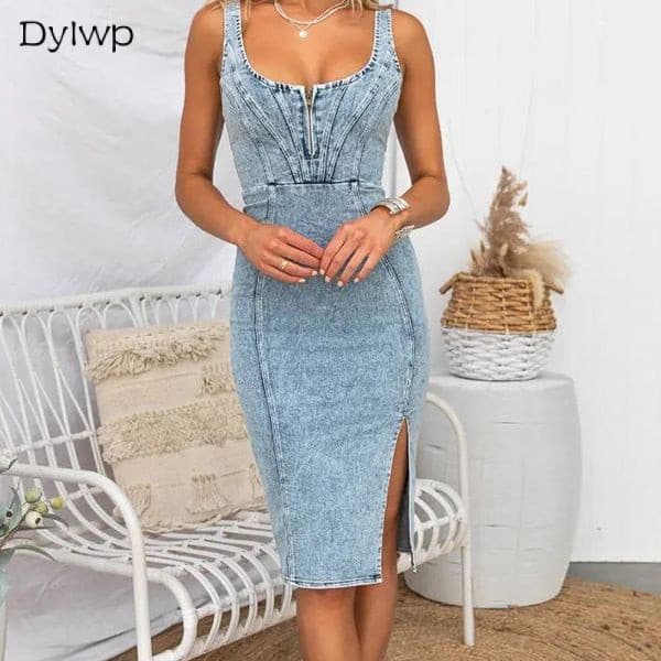 Vestido Midi Jeans Feminino Verão Cor Sólida Sem Mangas Com Decote Em V