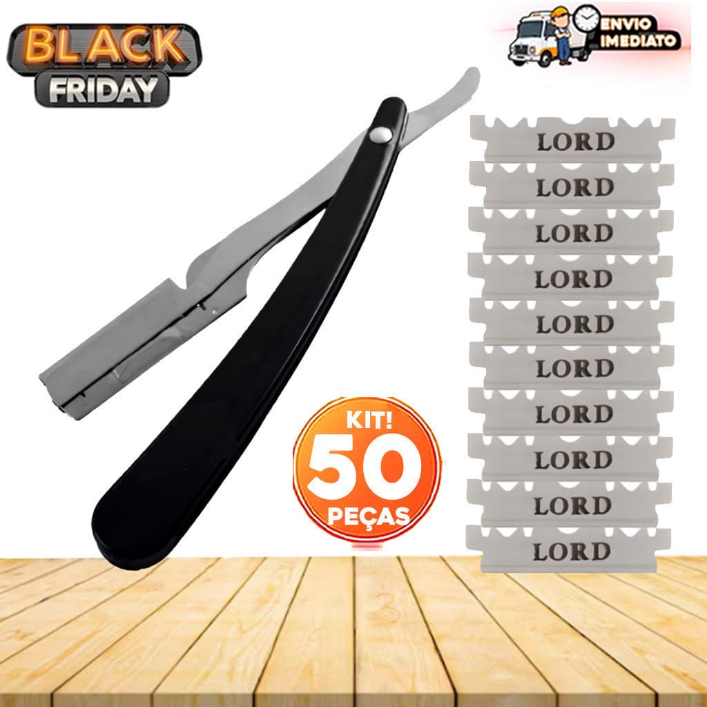 Kit Navalhete + 50 Lâminas Lord Dobrável para Barbear Profissional - Para Acabamentos de Barbearia