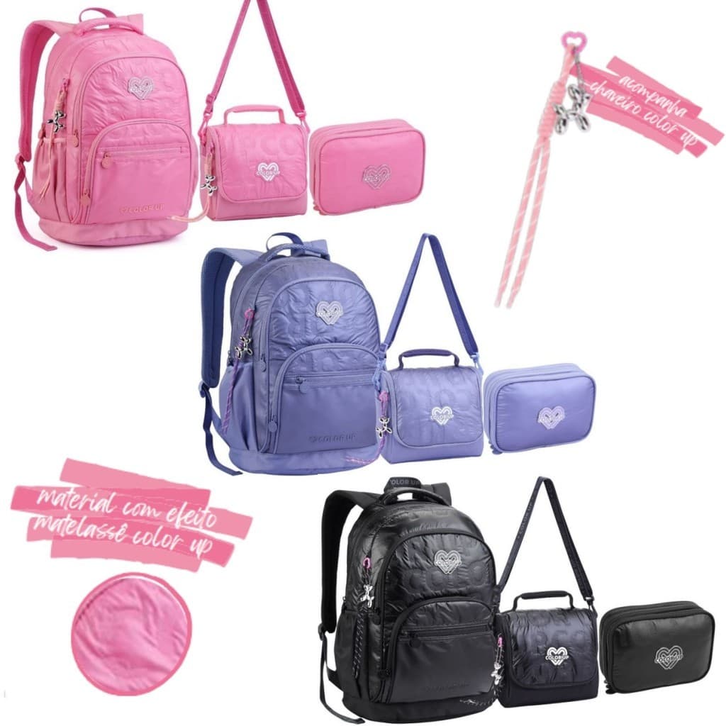 Kit Mochila Material Com Efeito Matelassê Color Up Com Lancheira Estojo