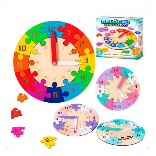 Relógio Montessori em Madeira Colorido para Aprendizado de Horas, Brinquedo Educativo para Crianças