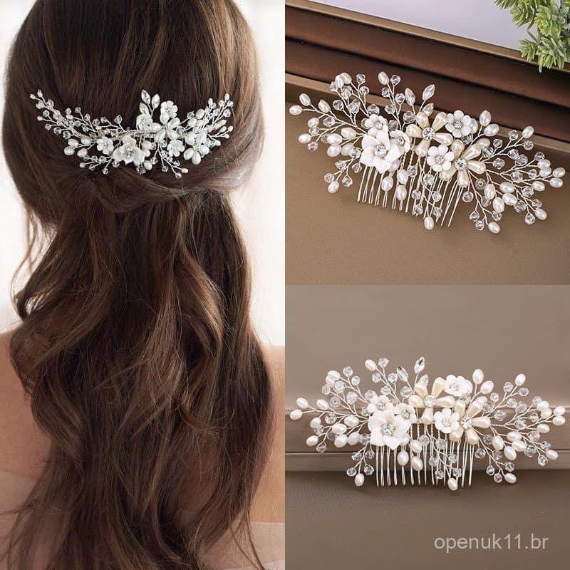 Pente de Cabelo com Pérolas Doces Estilo Europeu e Americano Tuanming, Acessório de Cabelo para Noivas, Tiara de Flor Br