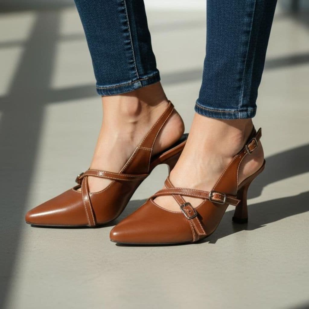 Scarpin Feminino Slingback Bico Fino Salto Médio 7cm Tiras com Fivela Elegante Confortável Social Moda Evangélica